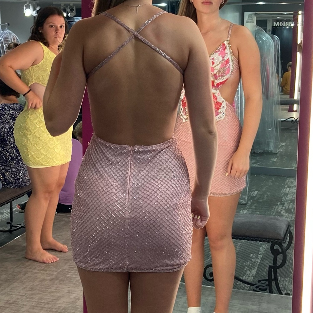Homecoming dress with varied shades of pink, displaying a beautiful butterfly. - Picture 2 of 5